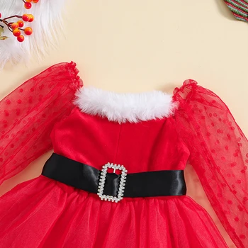 Рождественское платье для девочек, одежда для малышей, прозрачная фатиновая пачка в стиле пэчворк с длинным рукавом и поясом, платье