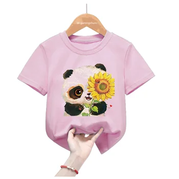 Розовая футболка с принтом цветов панды и любви для девочек, детская одежда Harajuku Kawaii, футболка с милым медведем, рубашка Harajuku, Летние топы