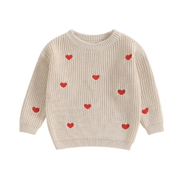 Свитера для новорожденных девочек, милые трикотажные пуловеры с вышивкой в виде сердечка с длинным рукавом, топы-джемперы для младенцев