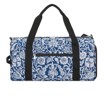 Старинные спортивные сумки с цветочным рисунком, синяя и белая спортивная сумка большой емкости, уличная мужская Женская сумка на заказ, дорожная милая сумка для фитнеса