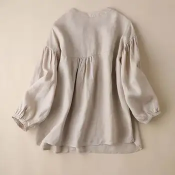 Топ с длинным рукавом-фонариком, женская повседневная рубашка в винтажном стиле, однобортный топ с круглым вырезом и рукавом-фонариком, с рисунком в виде сплайсинга