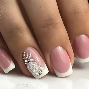 Французские накладные ногти Мода Любовь Фольга Белые цветы Пресс на ногтях Полное покрытие Длинные Квадратные накладные ногти Женщины Девушки