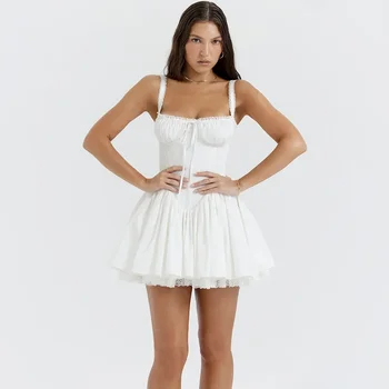 Элегантное белое сшитое платье трапециевидной формы, винтажные летние вечерние платья без рукавов с квадратным воротником, женские наряды для отпуска Y2k