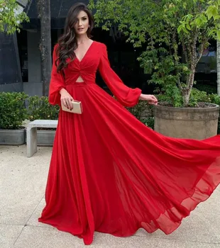 Элегантные Длинные Красные Вечерние платья С V-образным вырезом Трапециевидной формы Из Шифона Длиной до пола, Плиссированное платье для выпускного вечера, Vestidos de noite, Женское Вечернее платье