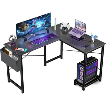 Электрические настольные столы L-образный компьютерный стол Деревянный угловой игровой стол для ПК с боковой сумкой для хранения для домашнего офиса Небольших помещений Черный
